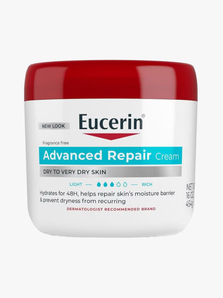 Tub of Eucerin Advanced Repair Cream with red cap on light gray background
